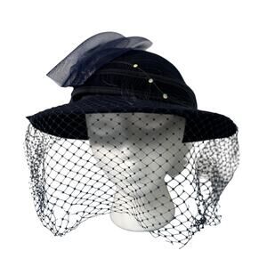 Vintage 80s Jody G for Sylvia of St. Louis Navy Blue Hat Veil Rhinestones As-is